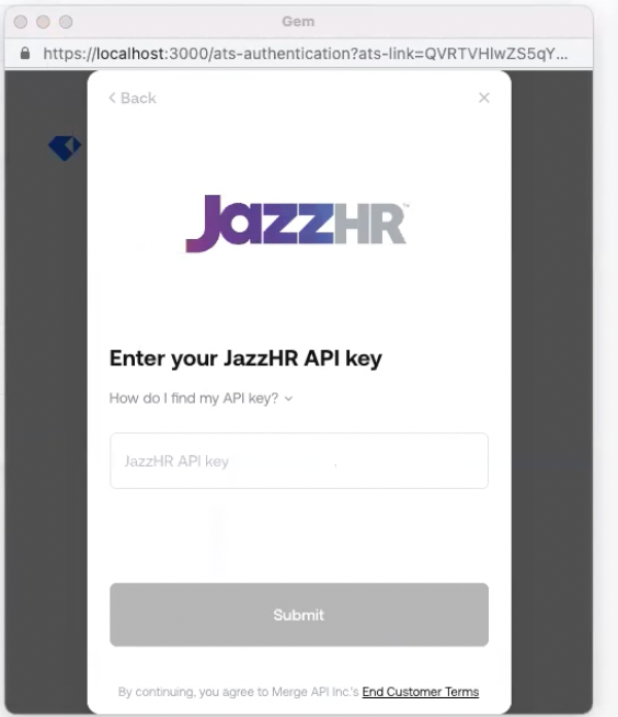 Enter JazzHR API key in GEM CRM screenshot