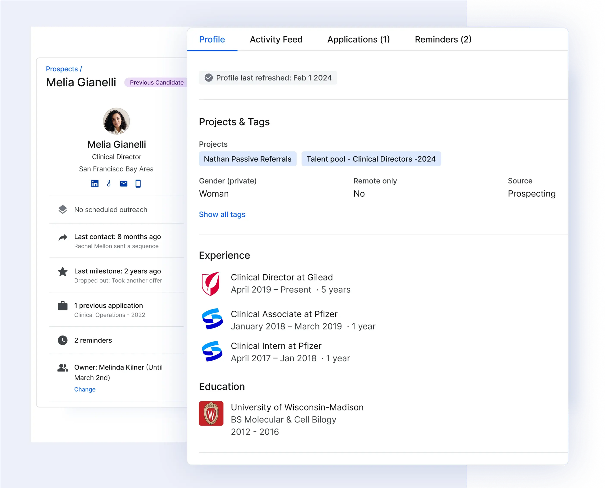 GEM CRM Candidate profile screenshot - JazzHR integration